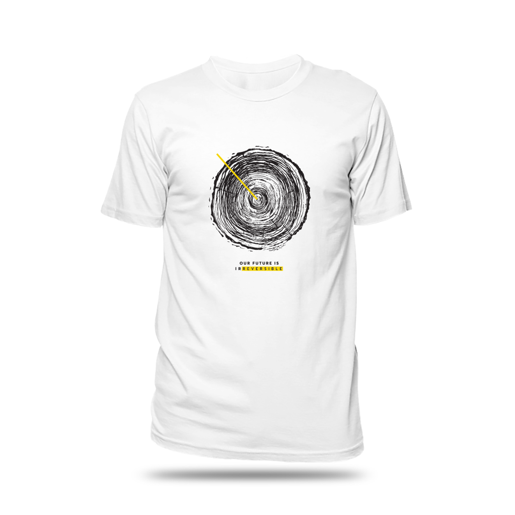 A white t-shirt with the Regenerate Canada tree stump graphic design in the centre. Includes the tagline: "Our future is irreversible"
