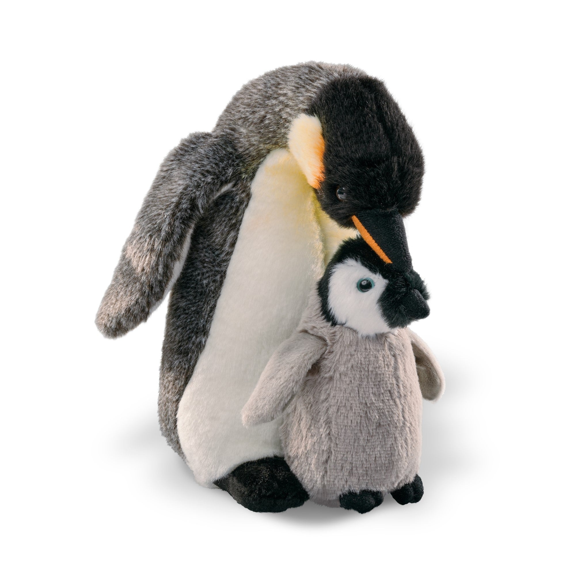 A photo of the emperor penguin family plush toy, including an adult penguin and baby penguin