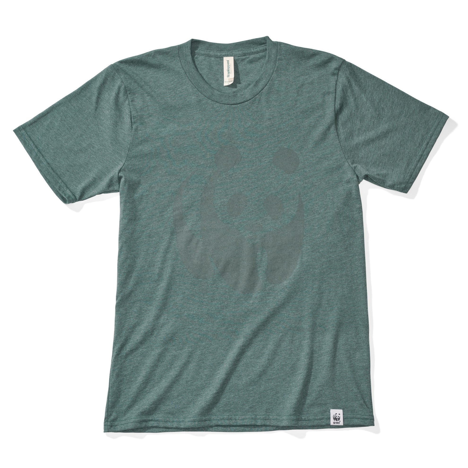 A photo of a green t-shirt with an imprint of the WWF panda logo