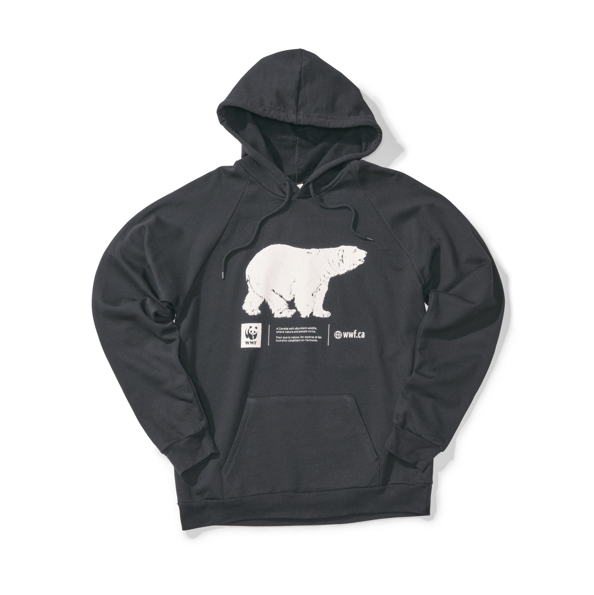 A photo of a black hoodie with a white polar bear illustration on the chest