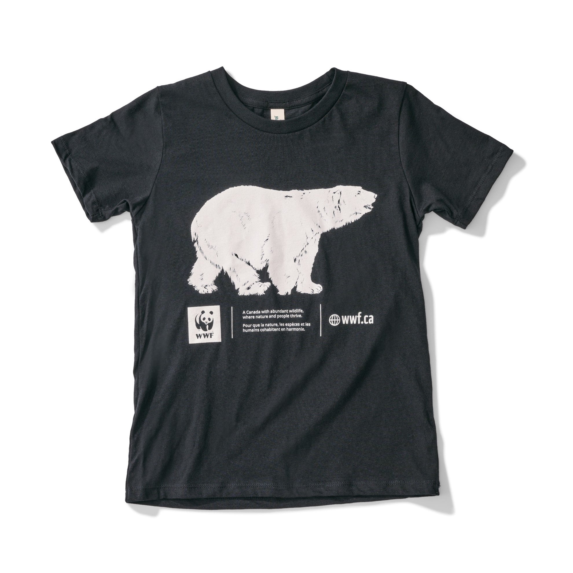 A photo of a black t-shirt with a white polar bear on the chest.