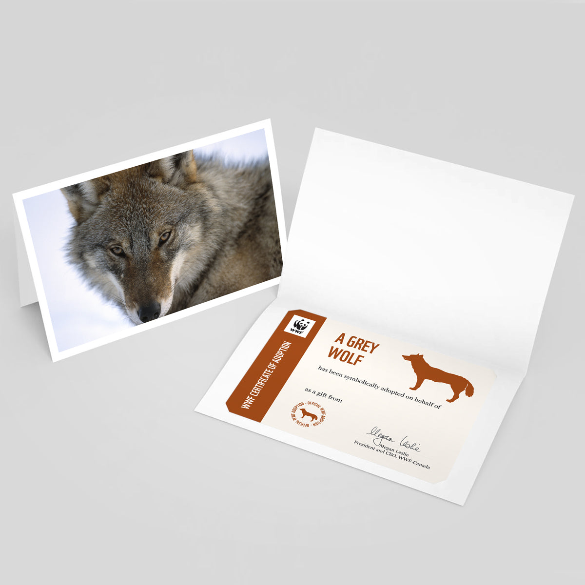 An image of a folded card with a photo of a grey wolf on the front. Beside it is an image of a grey wolf adoption certificate