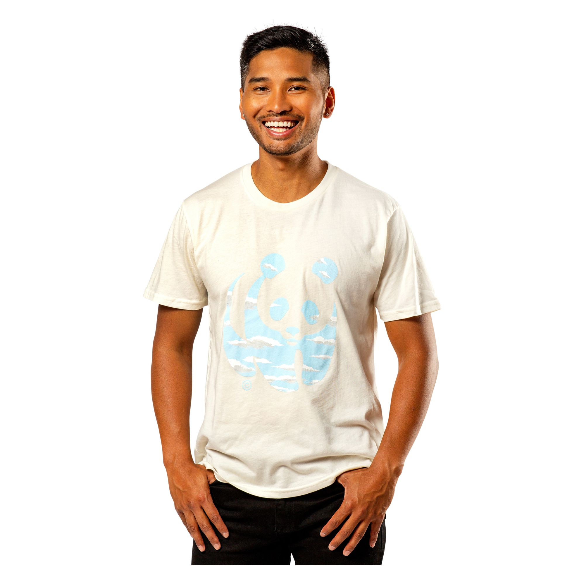 Male modeling the adult unisex cream t-shirt featuring the panda logo with cloud graphic