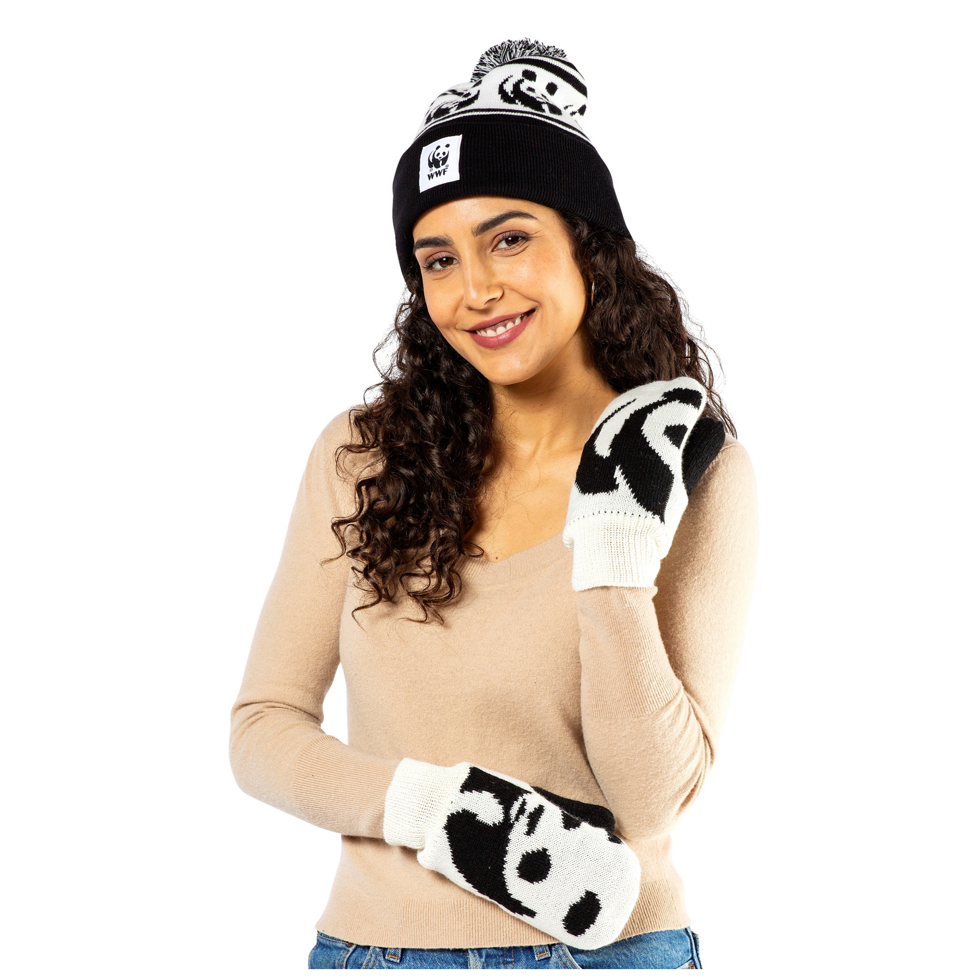 Woman wearing the panda toque and the panda mittens