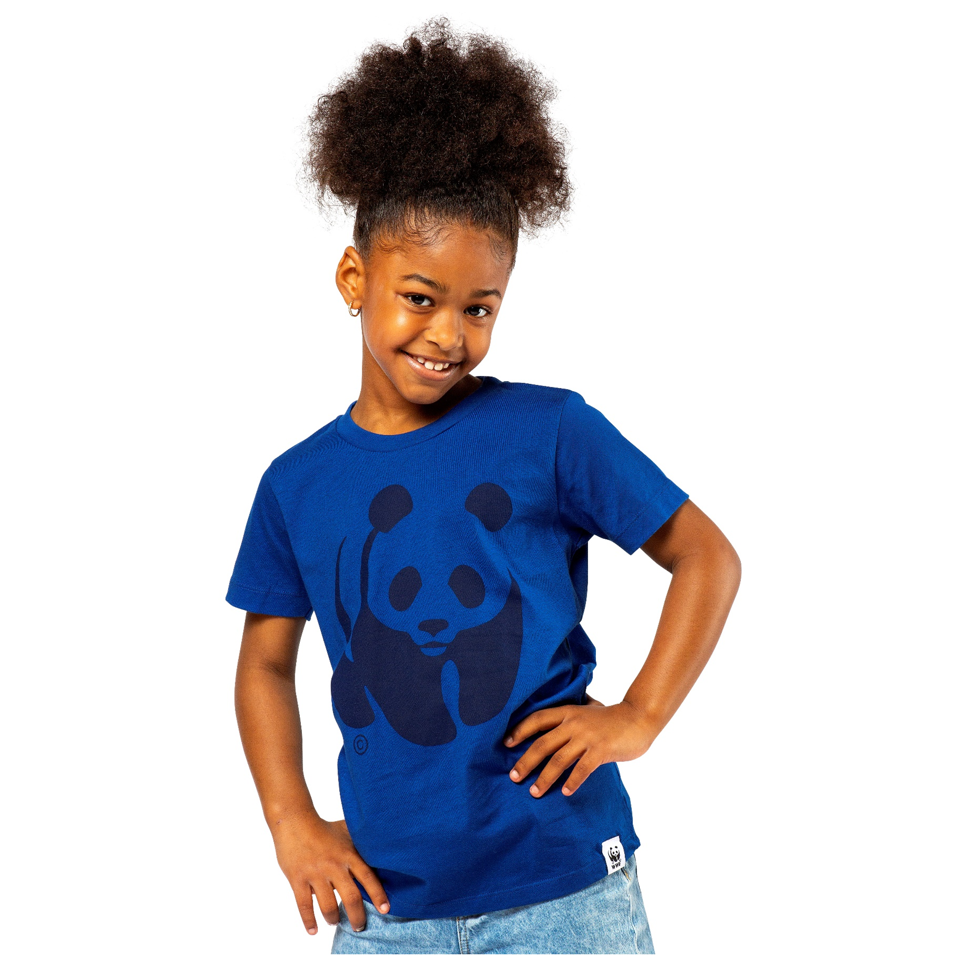 Child wearing the blue youth t-shirt with panda logo