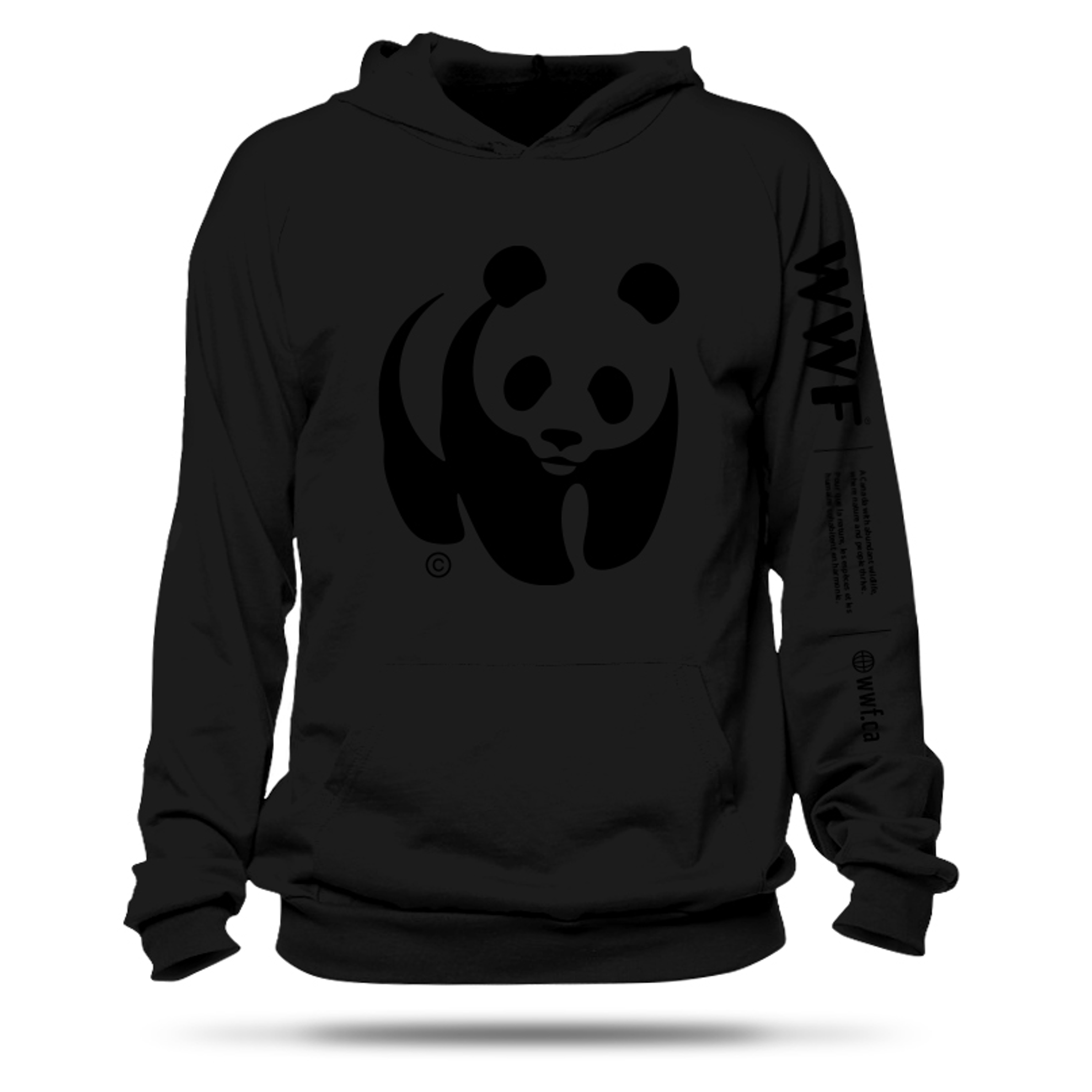 Unisex Black Hooded Sweatshirt with WWF Panda Logo on the Chest and WWF mission statement on the left sleeve
