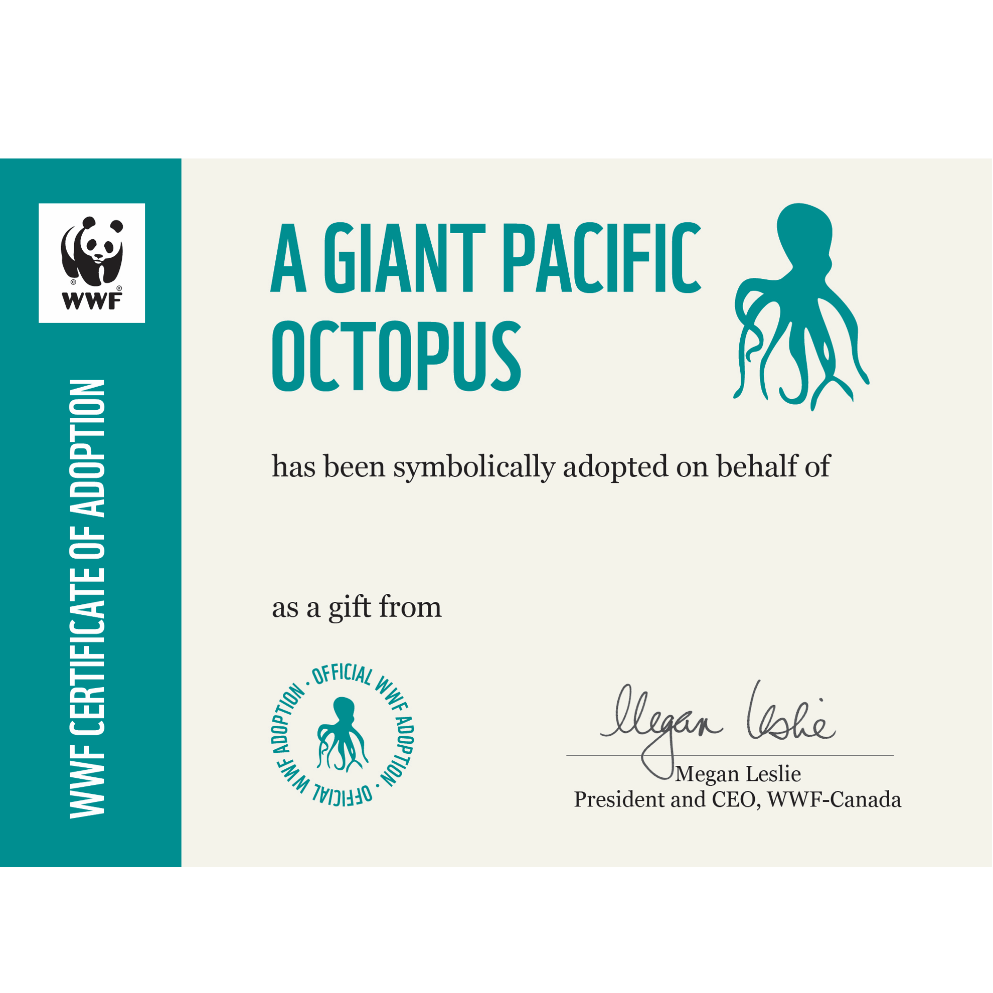 Giant Pacific octopus symbolic adoption certificate template