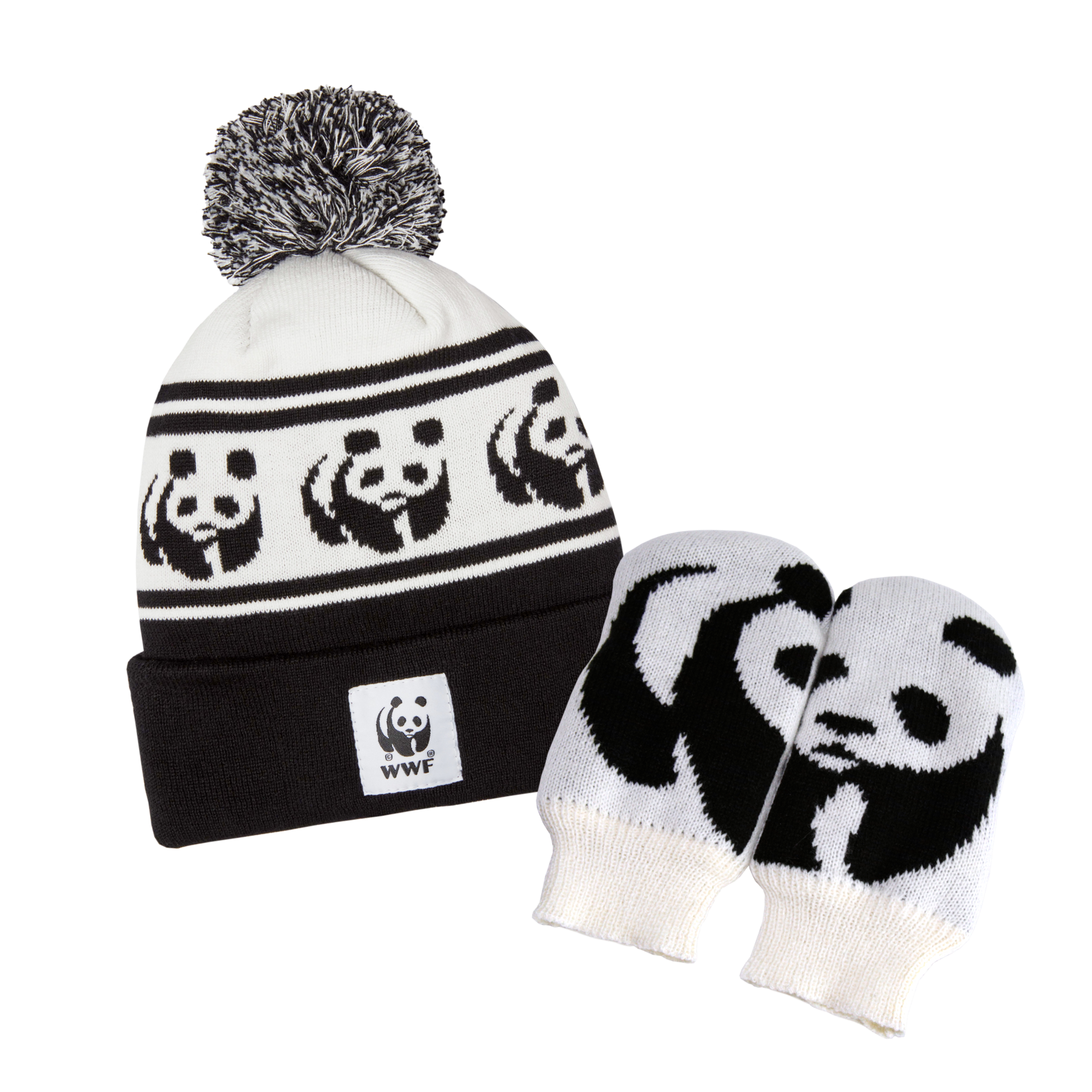 Left to right: the Panda Toque with black and white pom pom and WWF logo patch, Panda Mittens with WWF Panda logo on the front