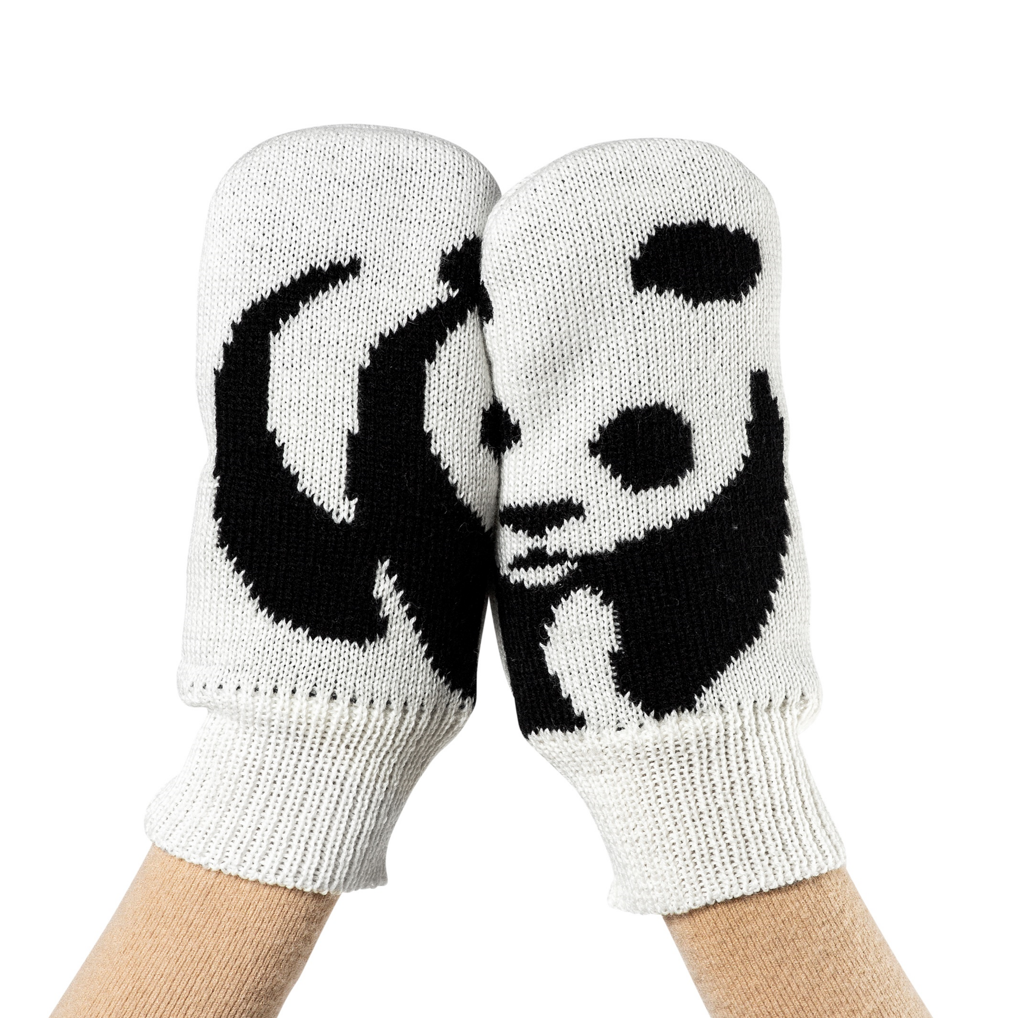 Model wearing the adult panda mittens