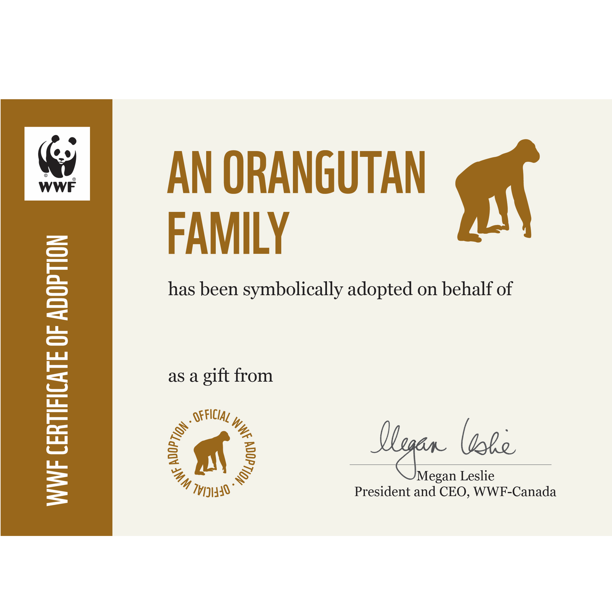 Orangutan family symbolic adoption certificate template