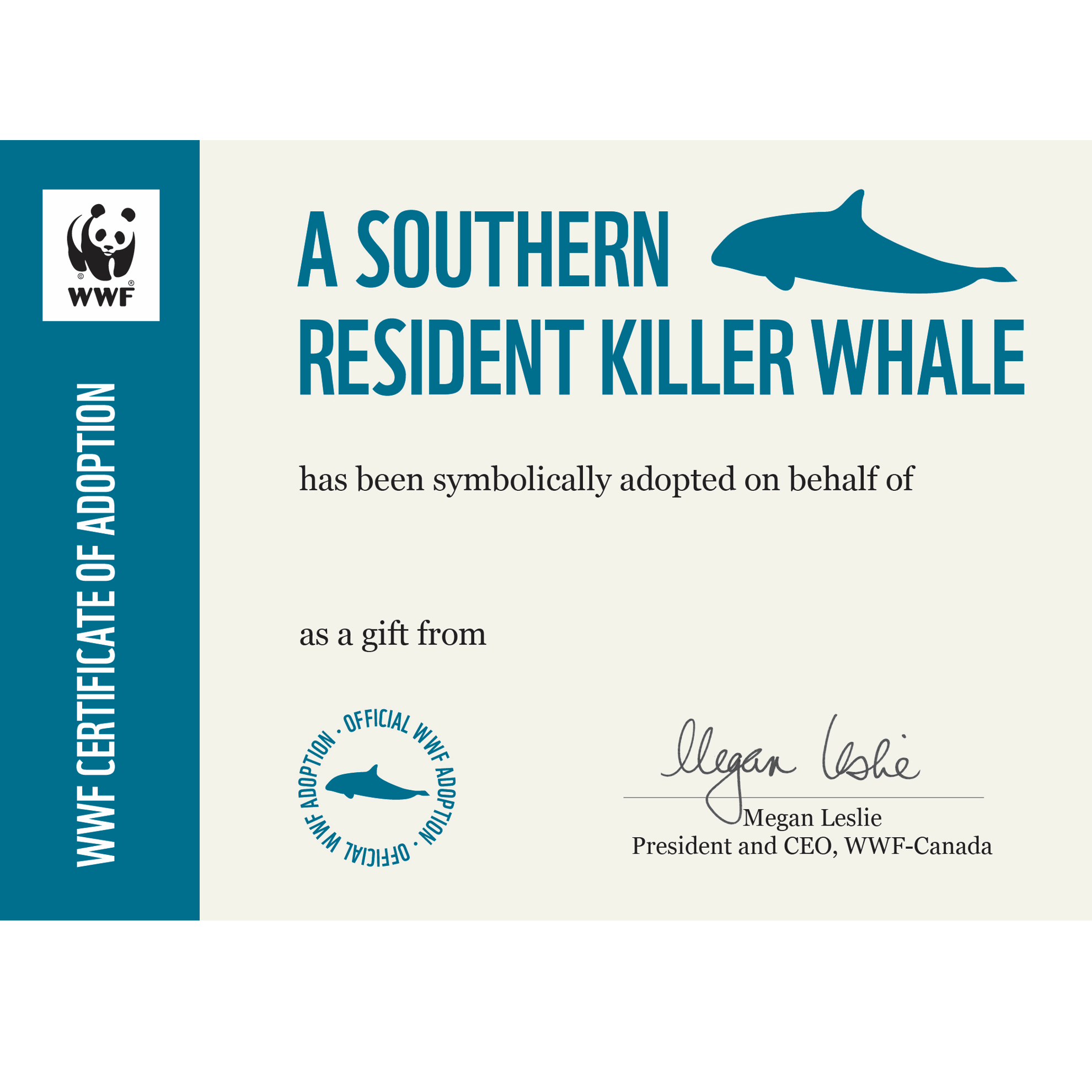A Southern Resident Killer Whale symbolic adoption certificate template