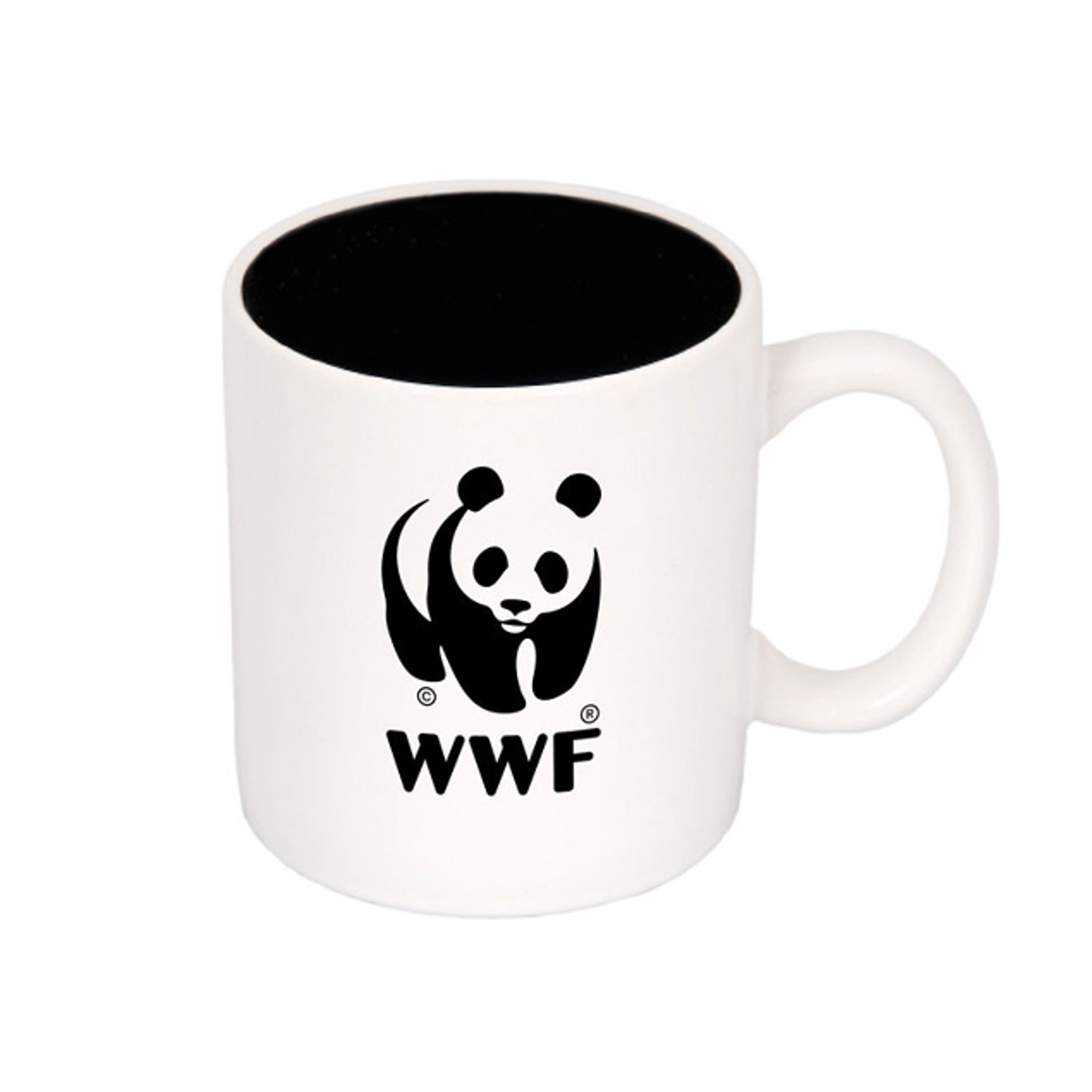 WWF white ceramic mug featuring the WWF panda logo on the front, center in black.