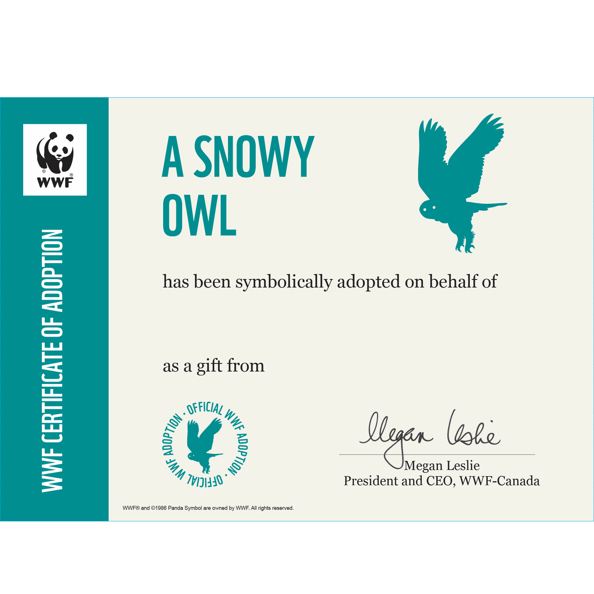 a snowy owl symbolic adoption certificate
