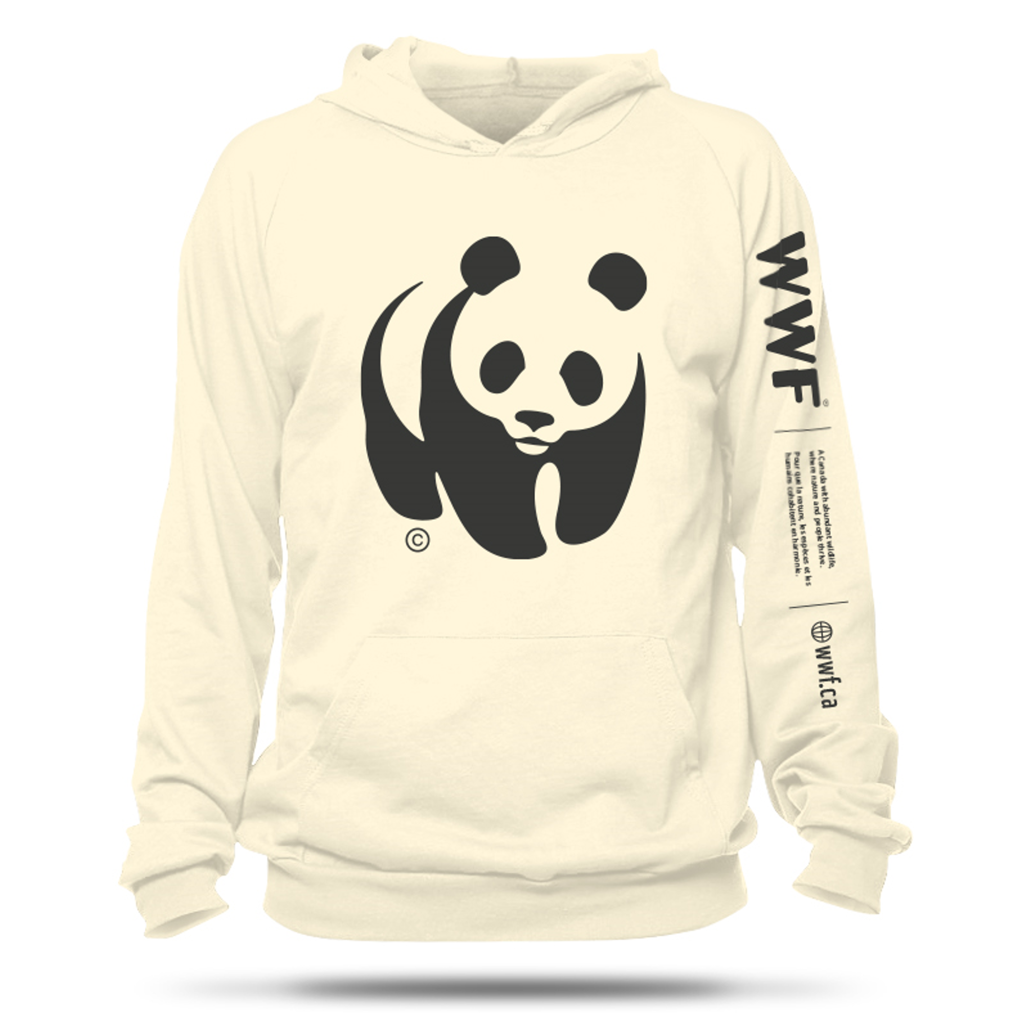 Unisex Cream Colour Hooded Sweatshirt with WWF Panda Logo on the Chest and WWF mission statement on the left sleeve