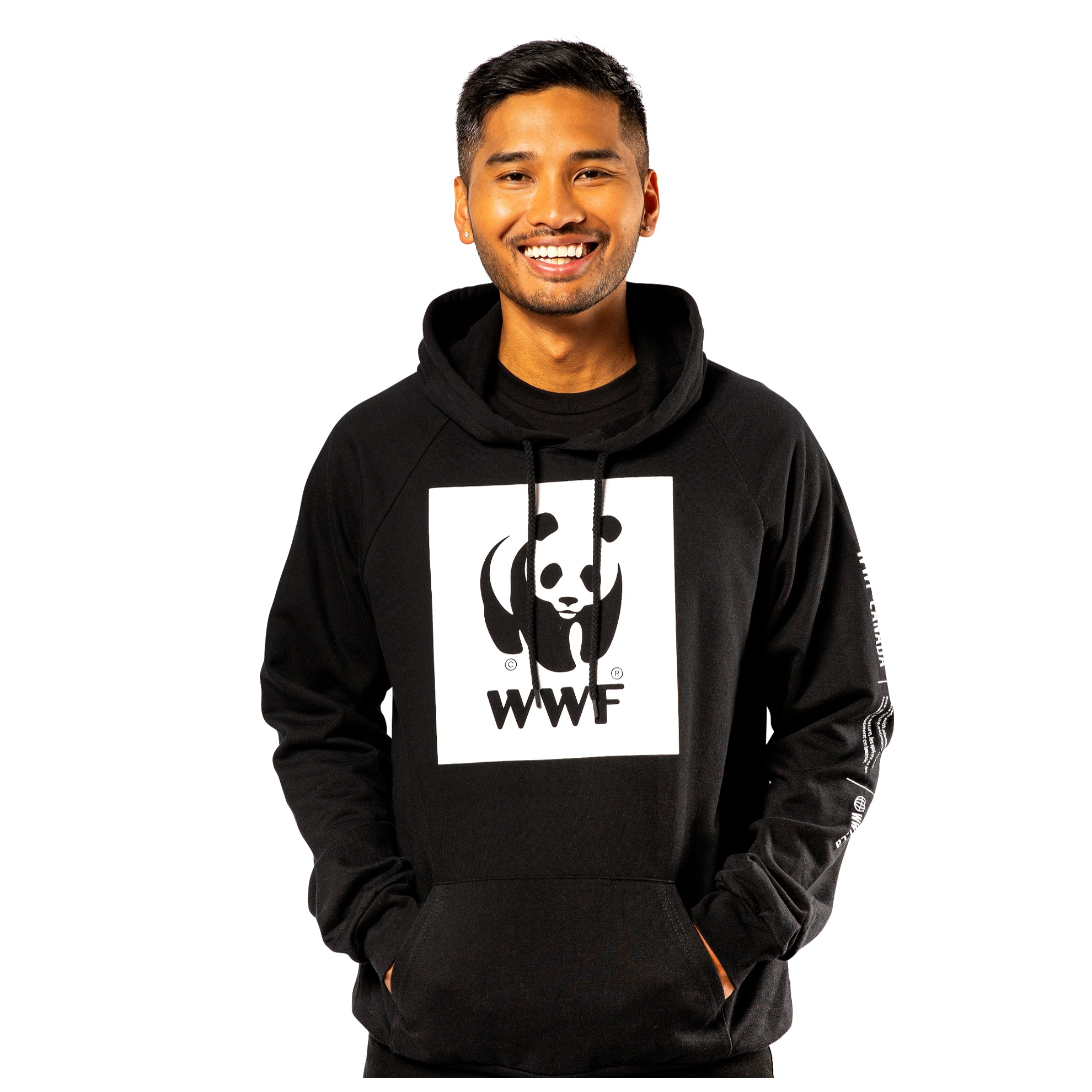 Male modelling the black unisex hooded sweatshirt featuring the white panda logo