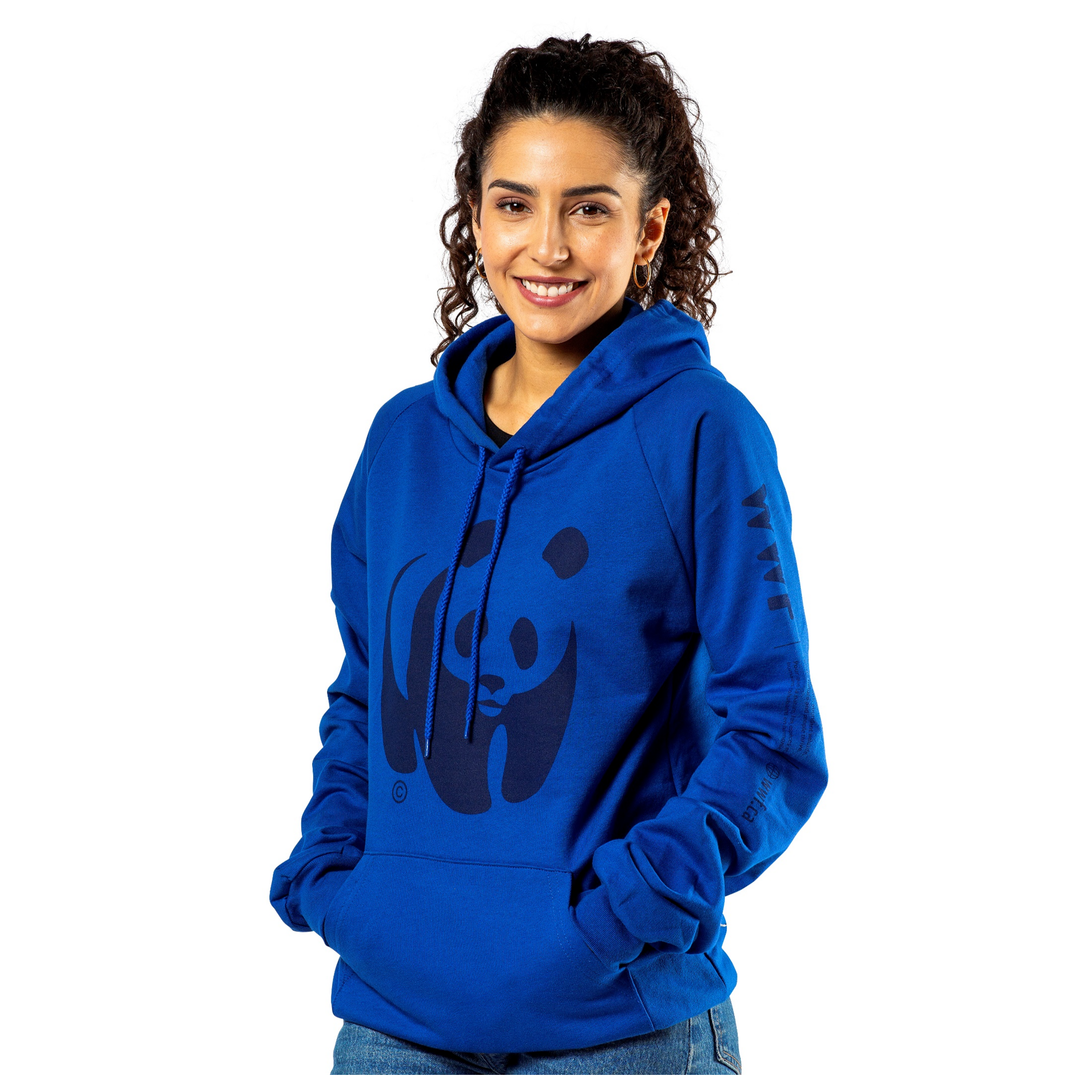 Female modelling the unisex blue hooded sweatshirt featuring panda logo
