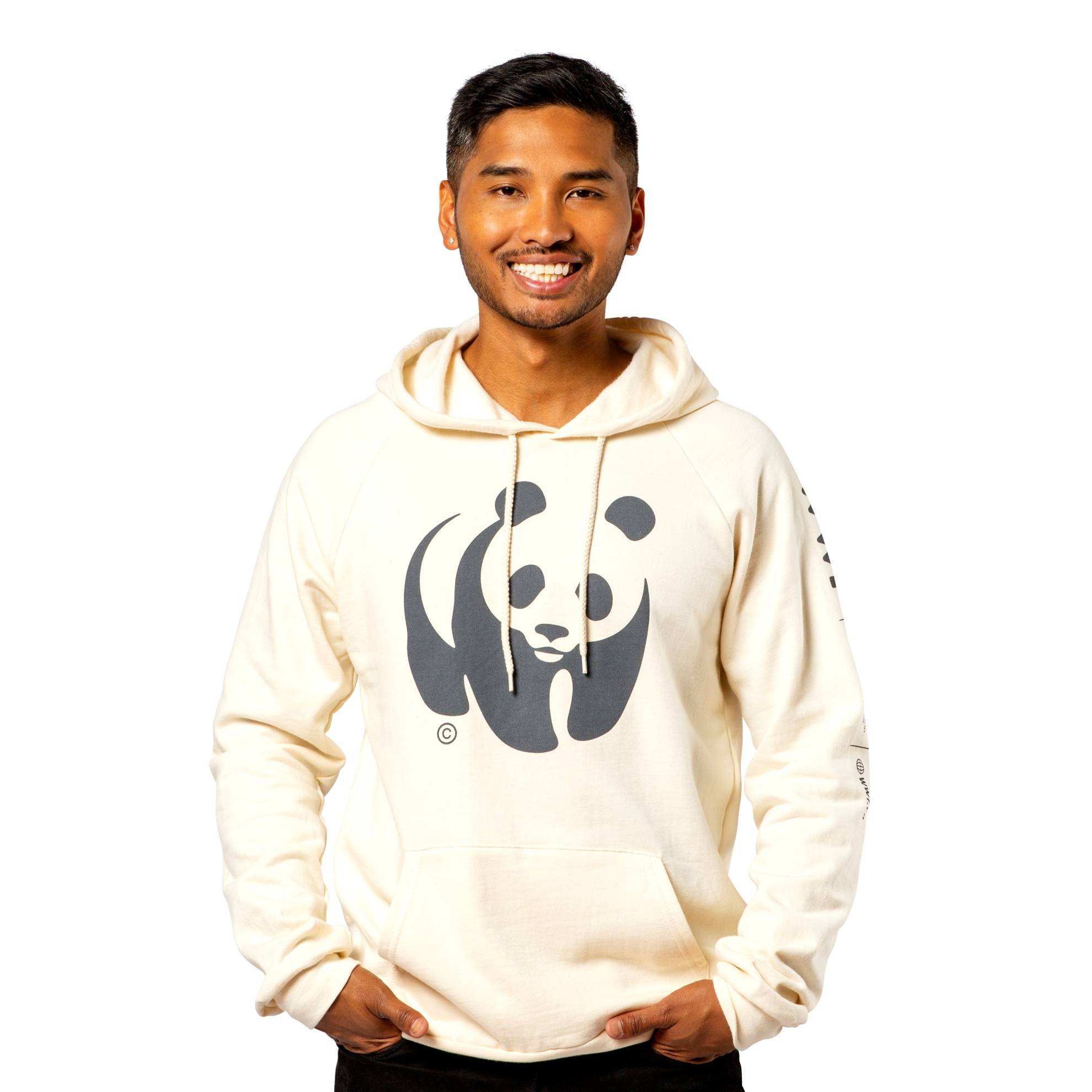 Male modelling the cream unisex hooded sweatshirt featuring the panda logo