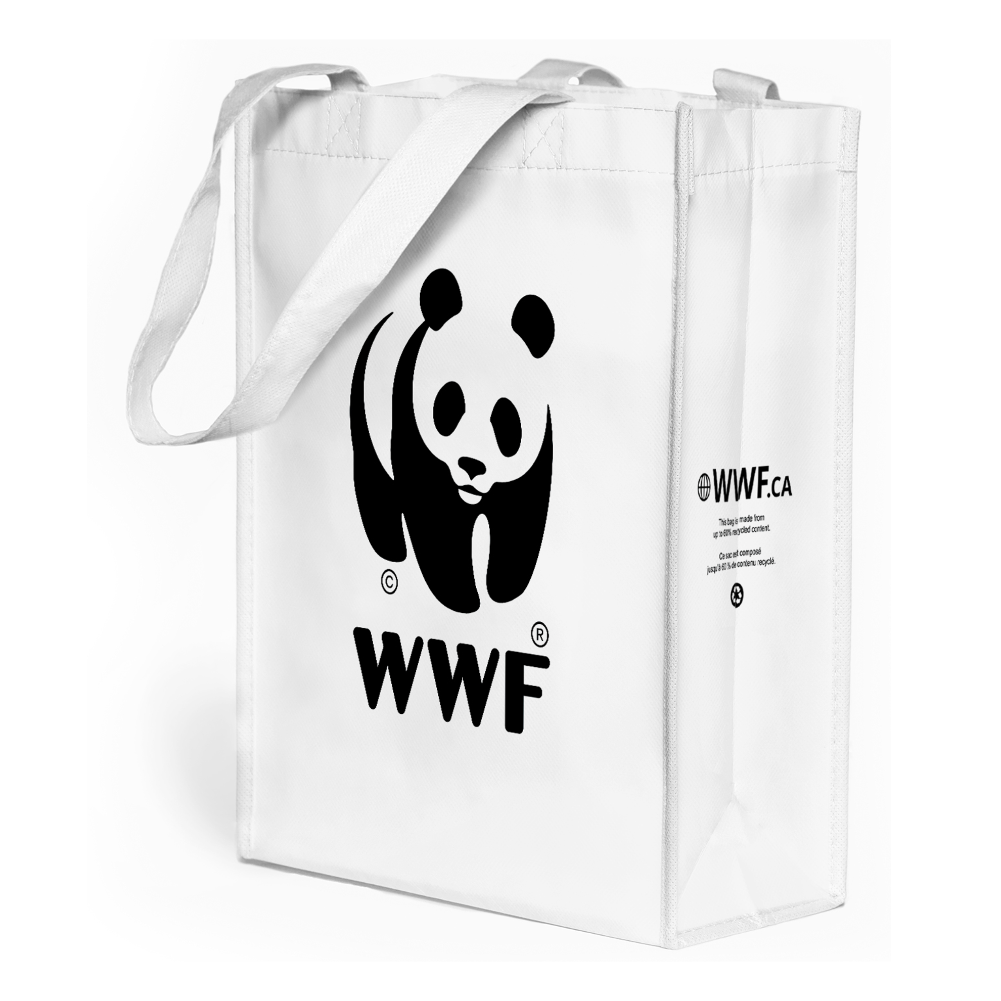 White reusable tote bag with black WWF panda logo on the front