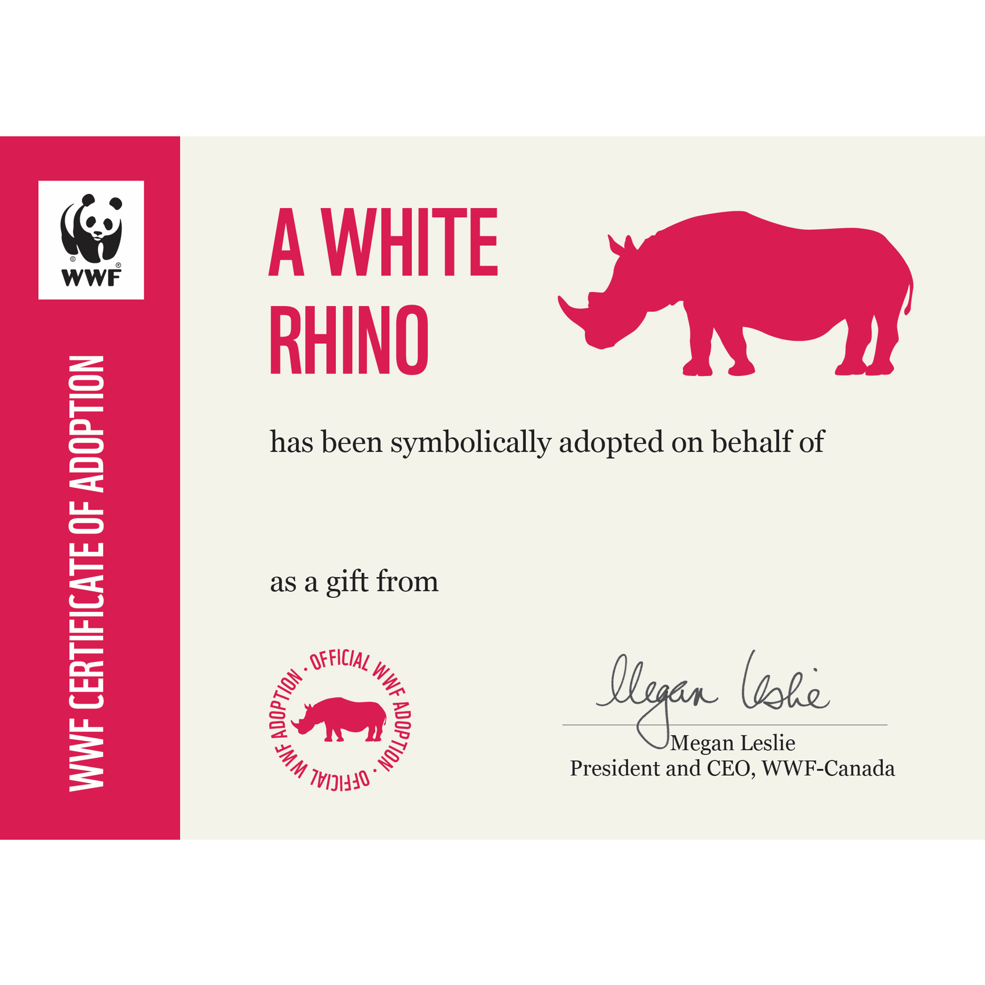 White rhino symbolic adoption certificate template