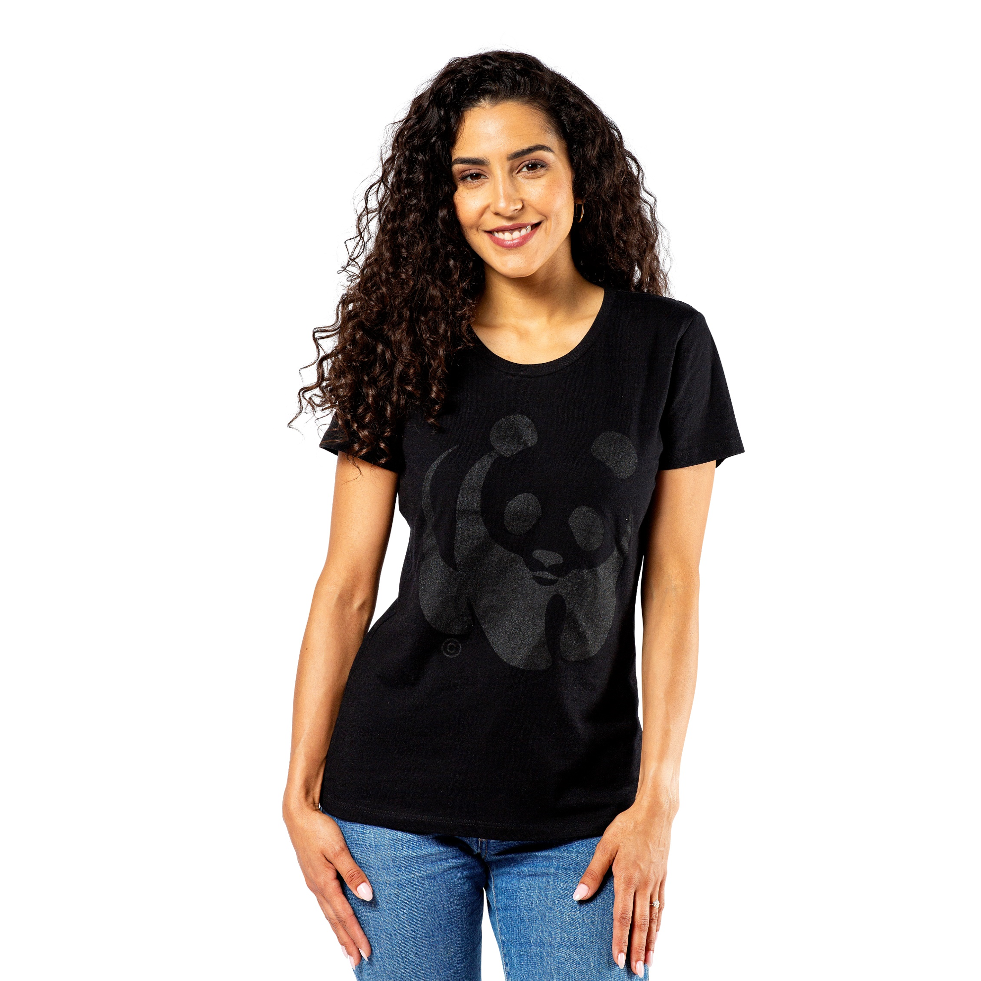 Female modelling the women's black t-shirt featuring the panda logo