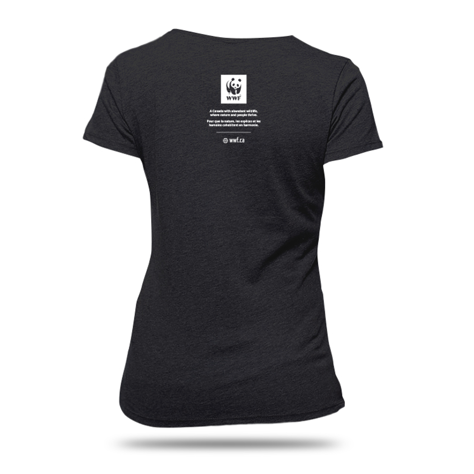 Back side of the women's black t-shirt featuring the WWF logo